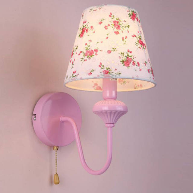 OOVOV 1-Light Pink Wall Lights Cartoon Kids Wall Lamp With Fabric Lampshade for Bedroom Baby Room Boy Girl Room with Pull Switch