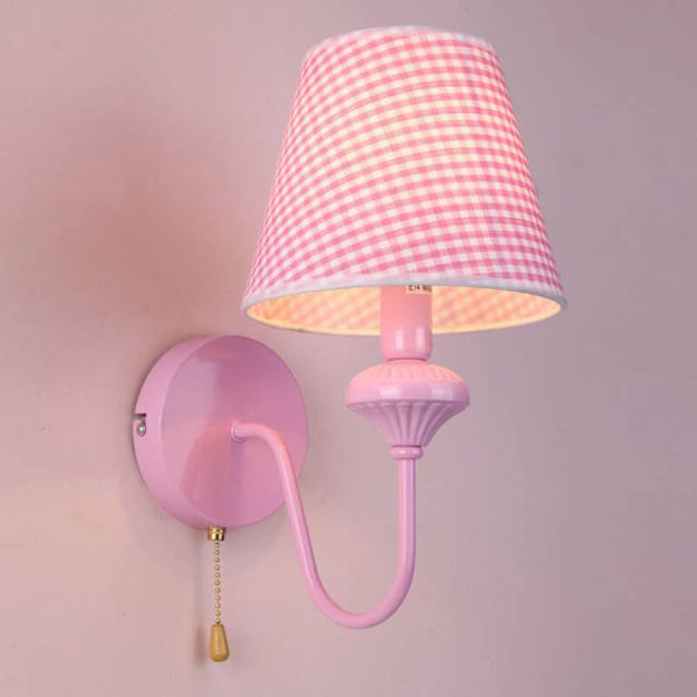 OOVOV 1-Light Pink Wall Lights Cartoon Kids Wall Lamp With Fabric Lampshade for Bedroom Baby Room Boy Girl Room with Pull Switch