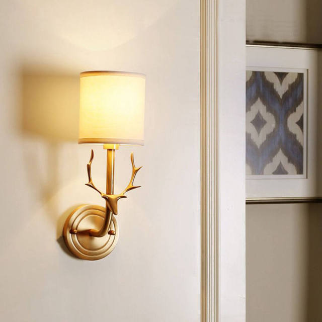 OOVOV Copper Wall Lamp American Antlers Wall Lights with Fabric Lampshade for Living Room Bedroom Balcony Corridor Wall Sconce