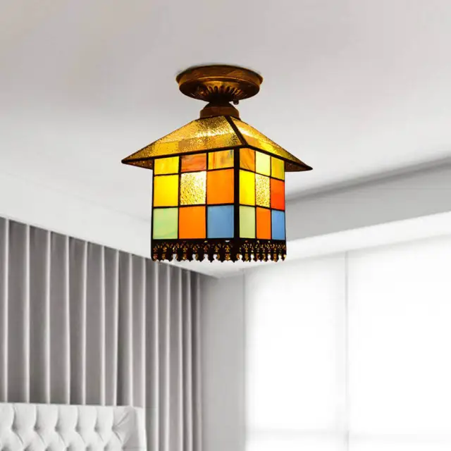 OOVOV Tiffany House Ceiling Lights Semi Flush Mount Ceiling Light With Stained Glass Lampshade for Living Room Hallway Kitchen