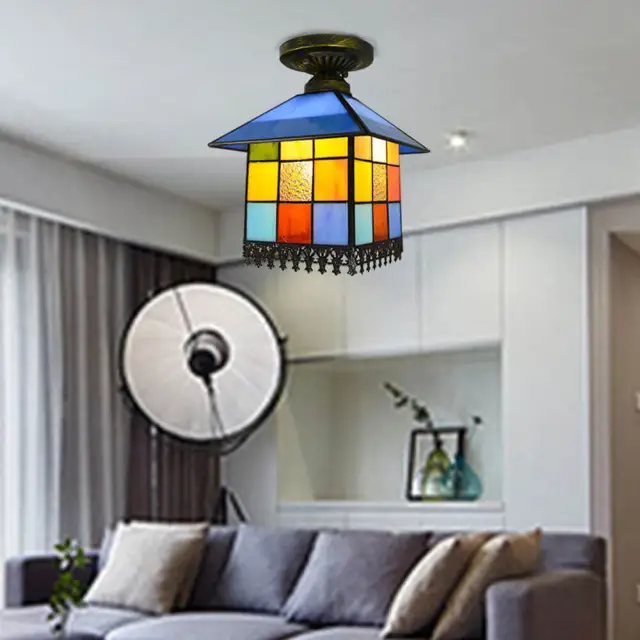 OOVOV Tiffany House Ceiling Lights Semi Flush Mount Ceiling Light With Stained Glass Lampshade for Living Room Hallway Kitchen