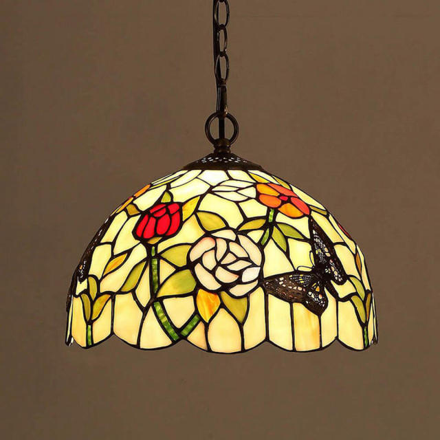 OOVOV Tiffany Glass Flower Pendant Lamp Retro Restaurant Cafe Bar Balcony Aisle Pendant Light Chandelier