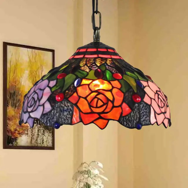 Tiffany Flower Pendant Lighting Antique Ceiling Pendant Light with Stained Glass Lamp Shade