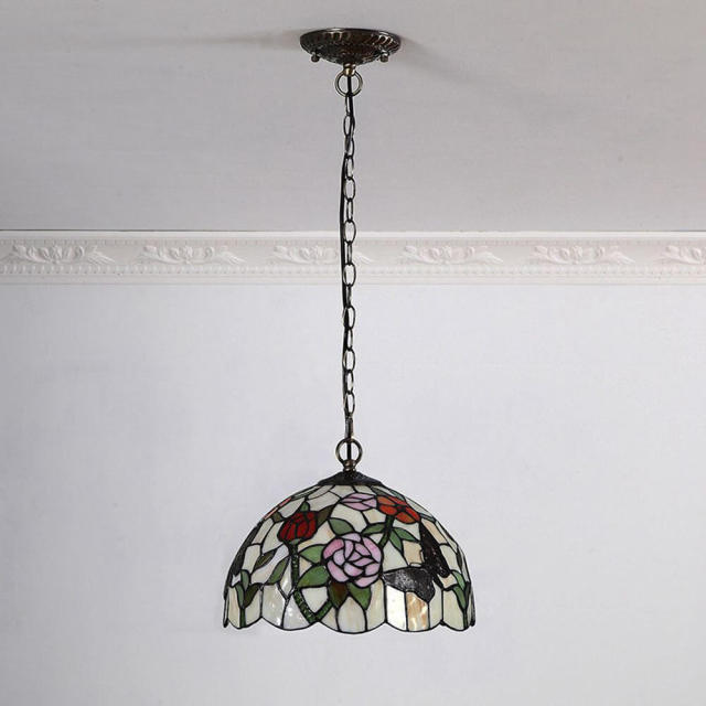 OOVOV Tiffany Glass Flower Pendant Lamp Retro Restaurant Cafe Bar Balcony Aisle Pendant Light Chandelier