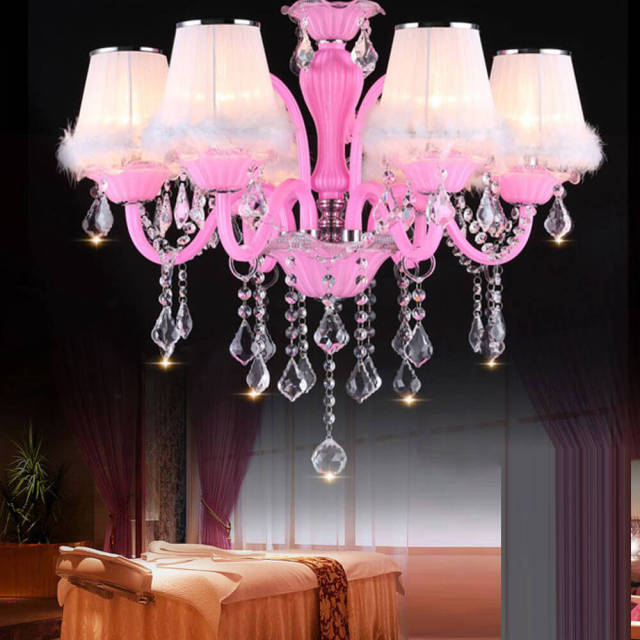 Pink Crystal Chandelier Princess Pendant Lighting With Feather Lampshade