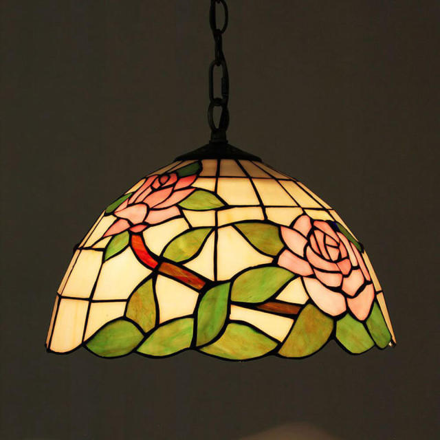 OOVOV Glass Rose Tiffany Hanging Lamp Cafe Bar Balcony Corridor Restaurant Pendant Light Chandelier