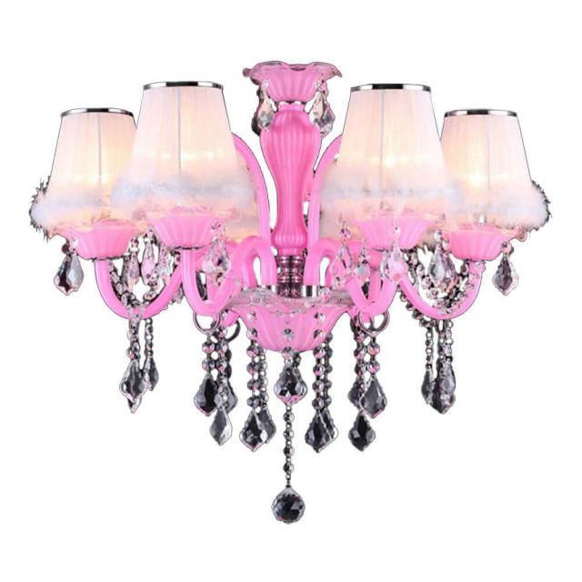 Pink Crystal Chandelier Princess Pendant Lighting With Feather Lampshade