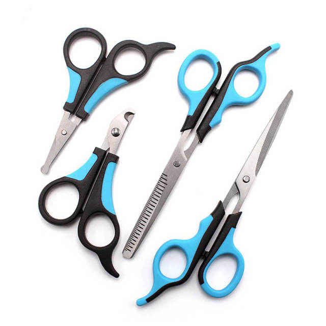 OOVOV Pet Grooming Scissors,5-Piece Set Rounded Tip Thinning Cat and Dog Scissors Comb Set,Curved Safety Dog Face Grooming Scissors Round End for Pet