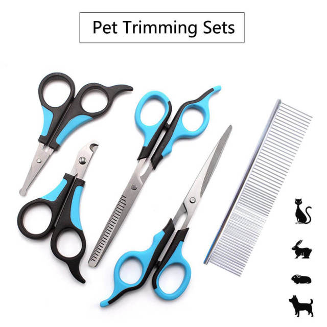 OOVOV Pet Grooming Scissors,5-Piece Set Rounded Tip Thinning Cat and Dog Scissors Comb Set,Curved Safety Dog Face Grooming Scissors Round End for Pet