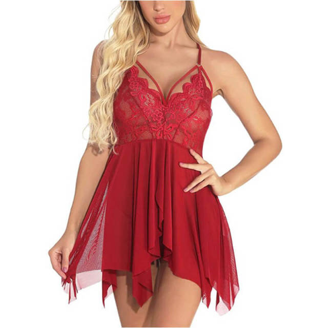 OOVOV Women Lingerie Lace V Neck Open Front Babydoll Sleepwear Set 2 Piece Sexy Chemise Sheer Lady Nightie