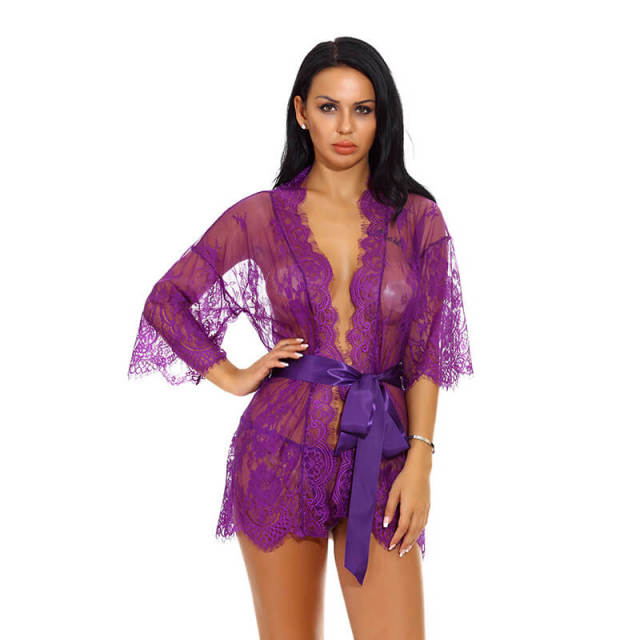 OOVOV Women Lingerie Robe Lace Kimono Bathrobes Sexy Nightgowns Babydoll Mini V-Neck Nighty Sleepwear