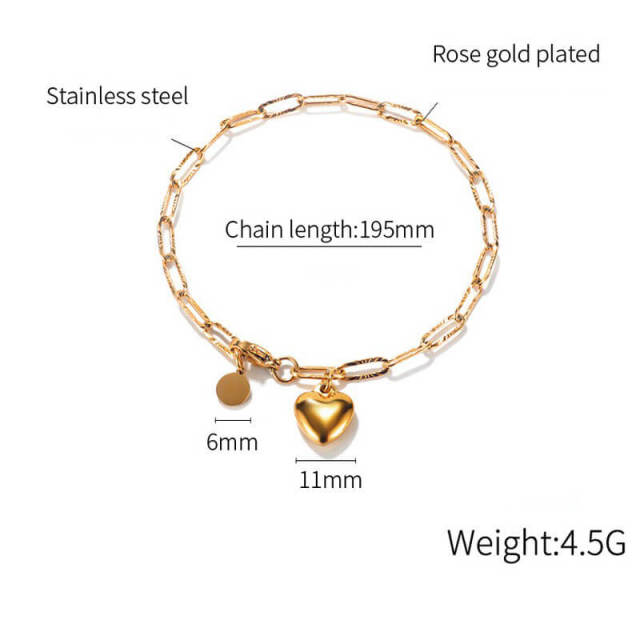 OOVOV Elegant Love Stainless Steel Link Chain Blank Heart Charms Bracelet for Women 7.68 inch Length Lobster Clasp Closure