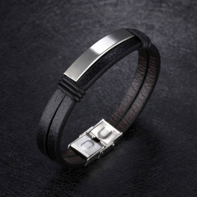 Bangle Bracelet for Men Titanium Steel Leather Bracelet Bangle Jewelry Black