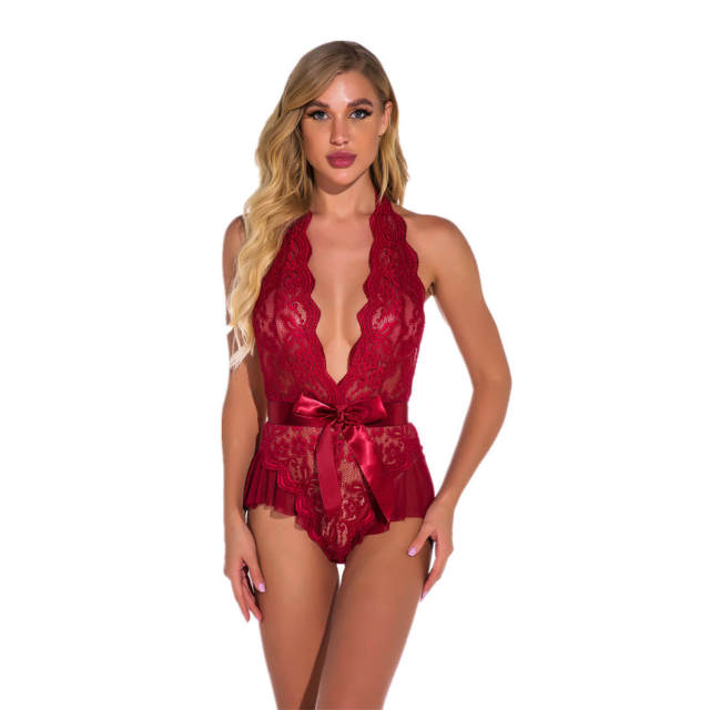 OOVOV Sexy Lingerie for Women Lace Bodysuit Halter V Neck Teddy Lingerie Tie Up Negligee Babydoll S-2XL