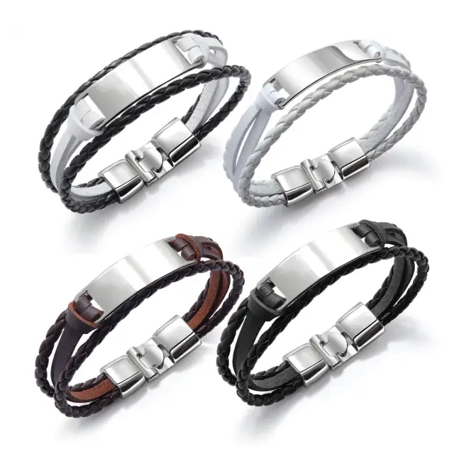 OOVOV Braided Leather Wrap Bracelet - Mens Multi-layer Woven Leather Bracelet with Stainless Steel Clasp Wristband Punk Personality Bracelets