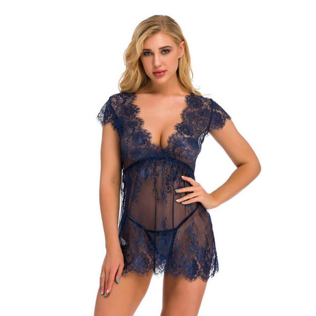 OOVOV Women Sexy Lace Lingerie Sleepwear Deep V-neck Eyelash Lace Nightdress With Thong