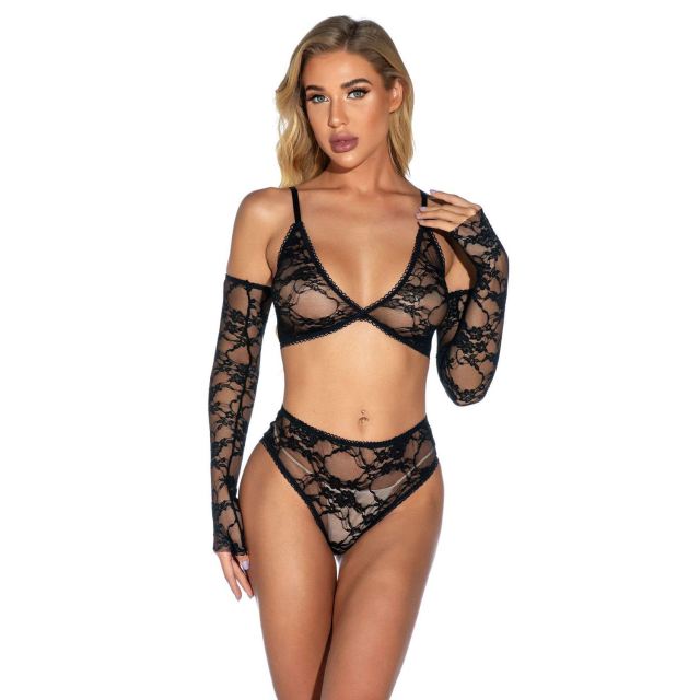 OOVOV Sexy Lingerie for Women V Neck Bra and High Waist Panty Lace Set Babydoll Bodysuit with Gloves