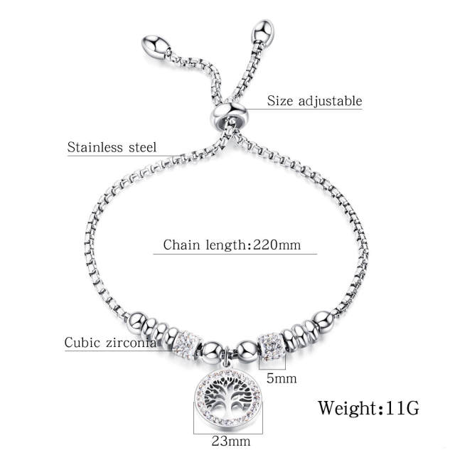 OOVOV Stainless Steel Tree of Life Charm Adjustable Size Strand Bracelet Heart Charm Bracelet For Women