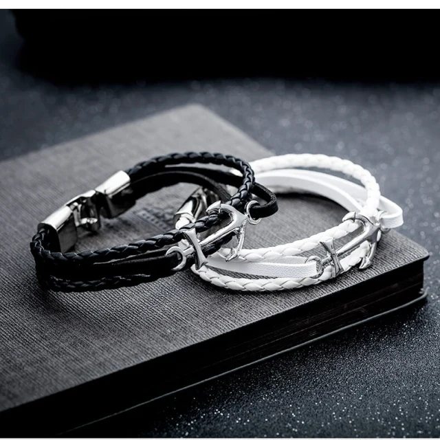 OOVOV Bracelet for Men Sturdy Leather Weave Bracelet Multilayer Vintage Anchor Bracelet Wrap Cuff