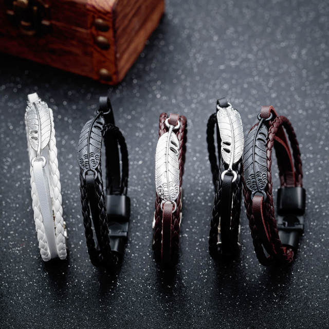 OOVOV Mens Retro Leather Bracelet Multi-layer Woven Leather Bracelet with Stainless Steel Wing Wristband Punk Personality Bracelets