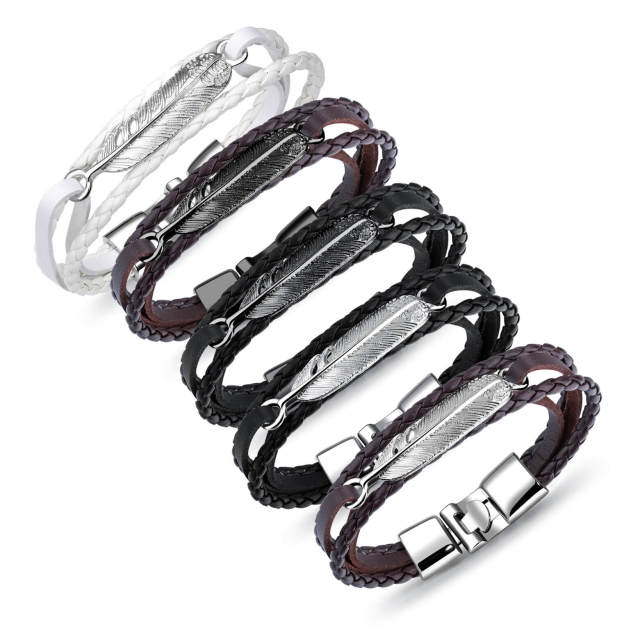 OOVOV Mens Retro Leather Bracelet Multi-layer Woven Leather Bracelet with Stainless Steel Wing Wristband Punk Personality Bracelets