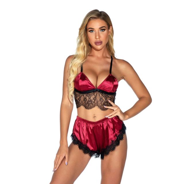 OOVOV Sexy Lingerie Pajama Set for Women Satin Bra Set Sleepwear Silk Lingerie Lace Nightwear Pajamas