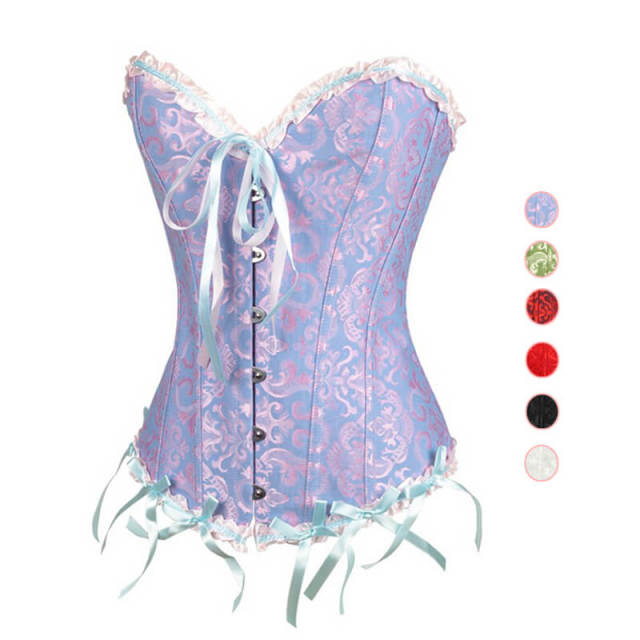OOVOV Womens Corset Top Satin Floral Boned Overbust Body Shaper with Lace Trim Bustier With G-Thong
