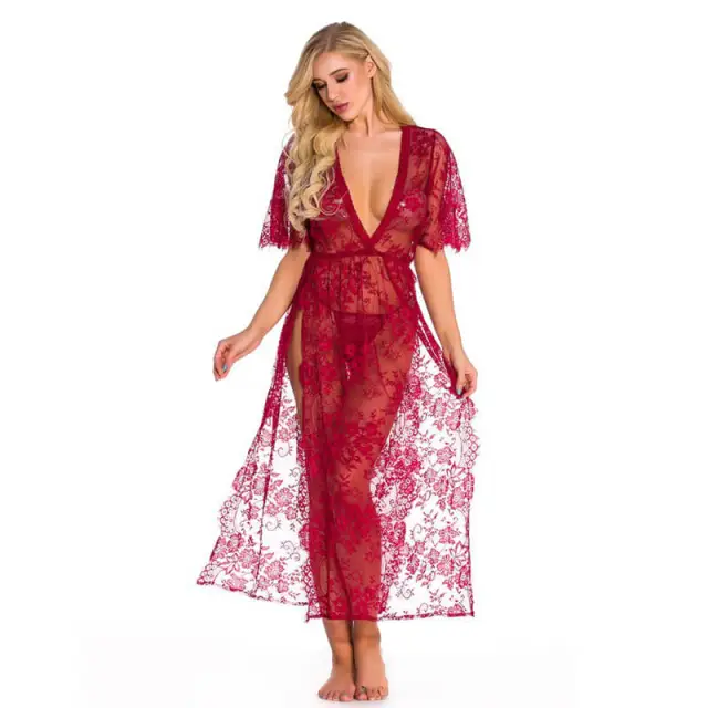 OOVOV Women Lace Babydoll Dress Nightwear Sexy V-neck Side Split Long Gown Lingerie with Thong