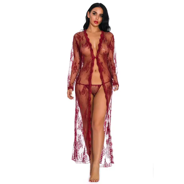 OOVOV Sexy Lace Robe for Women Long Lace Lingerie Robe Sheer Babydoll Nightgown Nightdress