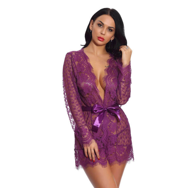 OOVOV Sexy Lingerie Robe For Women Long Sleeve Sheer Lace Bathrobes Sleepwear Babydoll Nightgowns