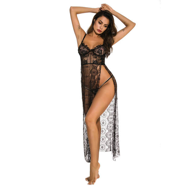 OOVOV Women Long Robe Dress Sexy Side Split Long Gown Lingerie Babydoll Nightwear with Thong S-XXL