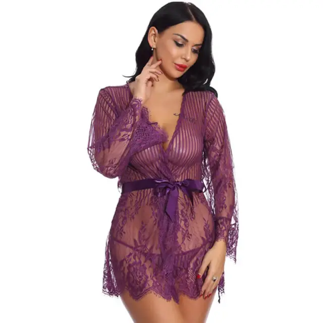 OOVOV Women Sexy Lingerie Robe Lace Bathrobes Sexy Nightgowns Babydoll Stripe V-Neck Nighty Sleepwear Satin Tie up