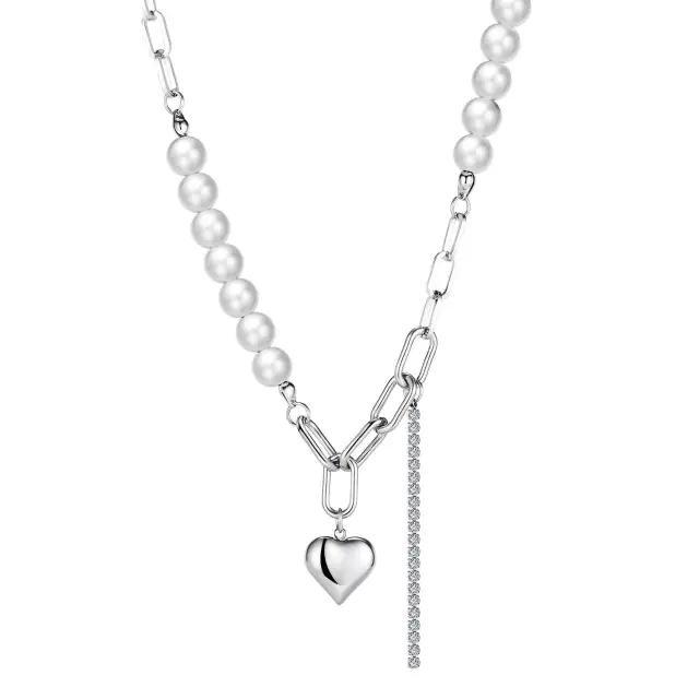 OOVOV Pearl Necklaces for Women Stainless Steel Punk Pearl Necklace Cubic Zirconia Heart Pendant Necklace Jewelry for Women