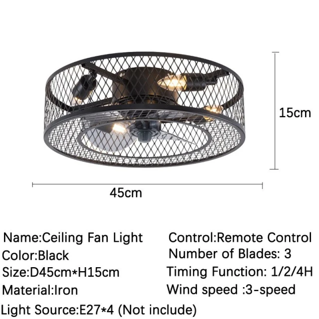 OOVOV Ceiling Fan Light With Black Round Cage Lampshade - Industrial Style - 18 inch with Remote