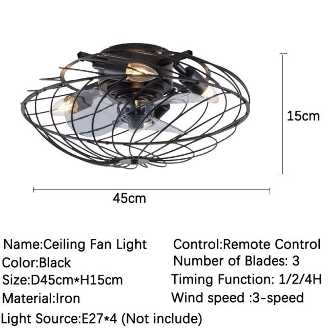 Retro Industrial Ceiling Fans Light Black Cage Ceiling Fan with Lights - 18 Inch