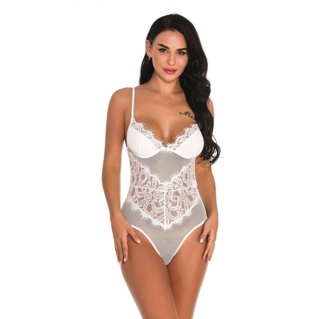 OOVOV Women Sexy Eyelash Lace Lingerie Bodysuit One Piece Sheer Mesh Teddy Babydoll