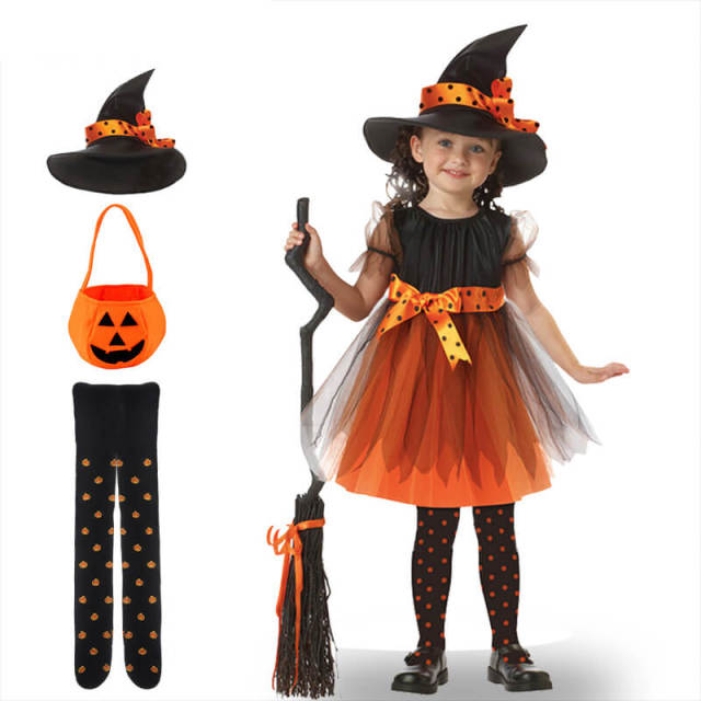 OOVOV Children Girls Halloween Cosplay Witch Costume Teens Baby Girl Gown Infant Witch Dress Clothing Set Hat Pumpkin Bag Pantyhose