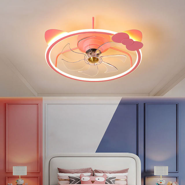 OOVOV Cartoon Ceiling Fan Light Pink Cat Ceiling Fans Light with Remote and APP Control