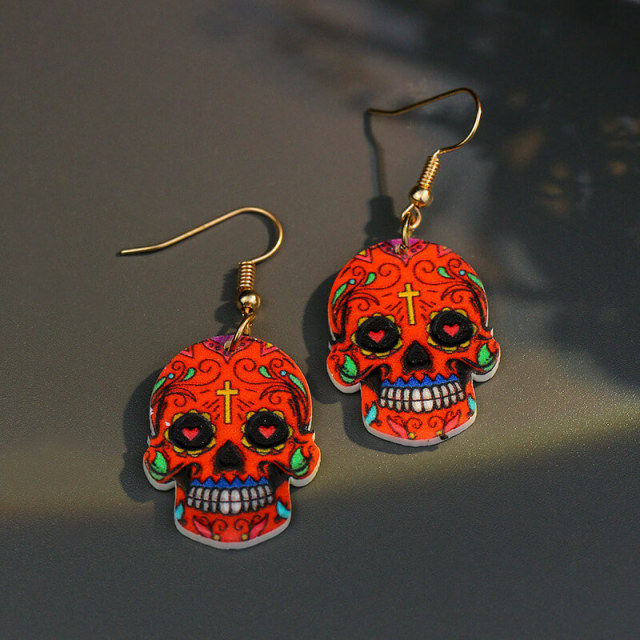 OOVOV Halloween Acrylic Earrings Skull Print Dangle Earrings Floral Skull Earrings Drop Dangle Fashion Jewelry For Women Girls