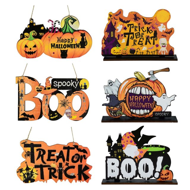 OOVOV Halloween Wooden Ornaments Pumpkin Ghost Trick or Treat Pendants Halloween Party Decoration for Home Door Hanging Signs Kids Toy