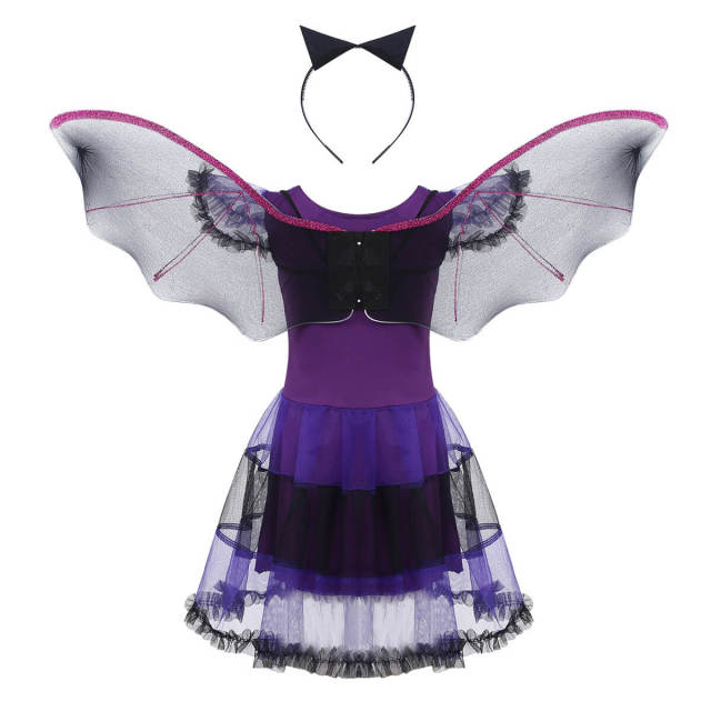 OOVOV Children Kids Halloween Girls Cosplay Bat Dress with Wing Headband Halloween Cosplay Party Costume Sets for Carnival Clothes