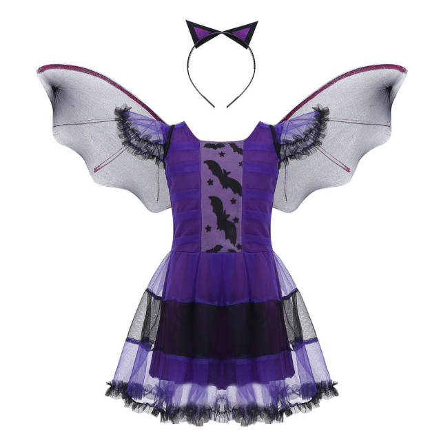 OOVOV Children Kids Halloween Girls Cosplay Bat Dress with Wing Headband Halloween Cosplay Party Costume Sets for Carnival Clothes