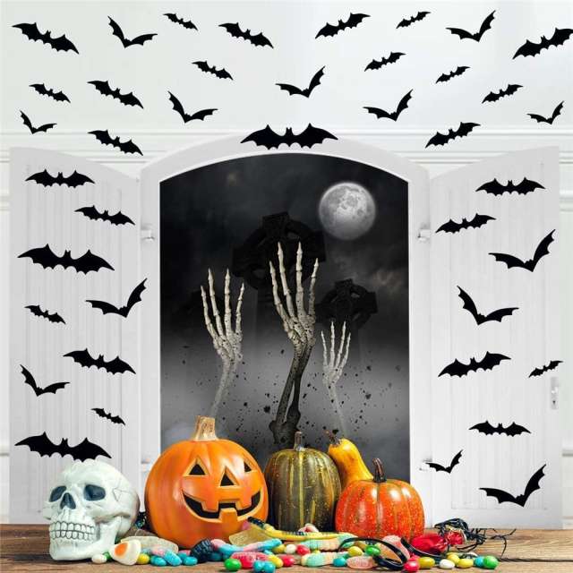 OOVOV 24/48pcs Halloween Decoration 3D Black PVC Bat Halloween Party DIY Decor Bar Room Halloween Party Scary Decos Props Wall Sticker