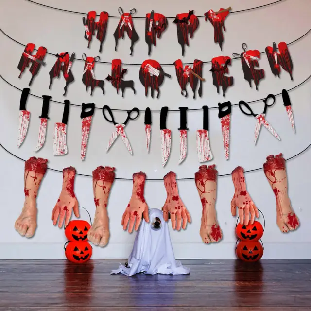 OOVOV Halloween Bloods Knives Cut Off Hand Feet Paper Banner Horror Ghost Halloween Decor Happy Halloween Party Decor For Home DIY