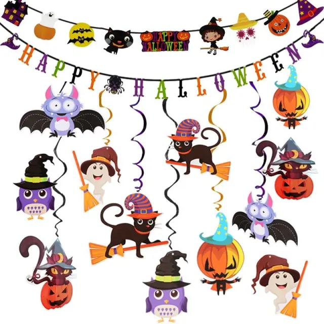 OOVOV Halloween Hanging Ornament Banner Kids Favors Cartoon Witch Bat Ghost Design Props Decorations for Halloween Home Party Supplies