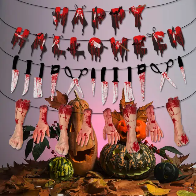 OOVOV Halloween Bloods Knives Cut Off Hand Feet Paper Banner Horror Ghost Halloween Decor Happy Halloween Party Decor For Home DIY