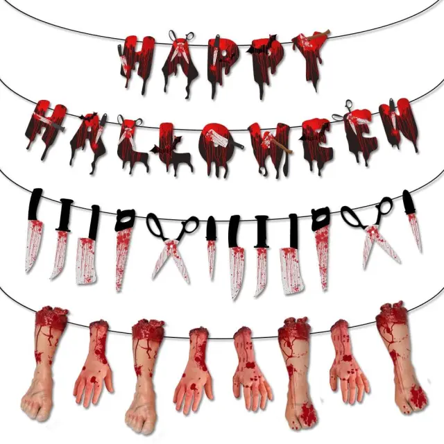 OOVOV Halloween Bloods Knives Cut Off Hand Feet Paper Banner Horror Ghost Halloween Decor Happy Halloween Party Decor For Home DIY
