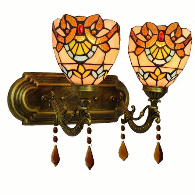 Tiffany Alloy Resin Bedroom Bedsides Wall Lamp Mediterranean Colorful Glass Lampshade Stair Case Tawny Crystal Wall Lights