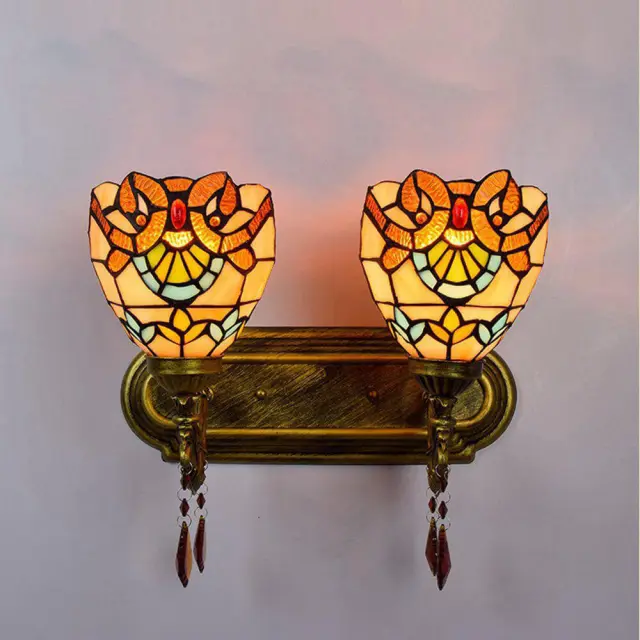 Tiffany Alloy Resin Bedroom Bedsides Wall Lamp Mediterranean Colorful Glass Lampshade Stair Case Tawny Crystal Wall Lights