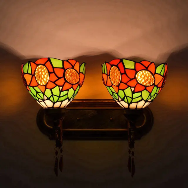 Tiffany Alloy Resin Bedroom Bedsides Wall Lamp Mediterranean Colorful Glass Lampshade Stair Case Tawny Crystal Wall Lights